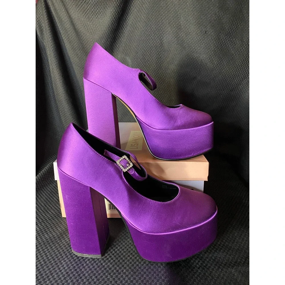 Lisa Vicky Purple Satin Platform Mary Jane Heels Rhinestone Buckle Size 10